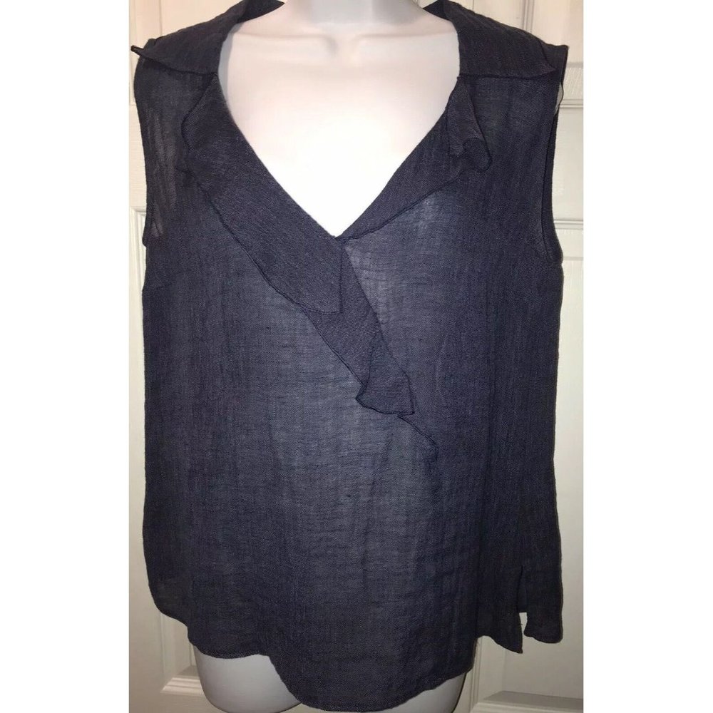 Caractere Blue Sleeveless Linen Blend Top Sz 48 (US 14) Boho Surplice EUC